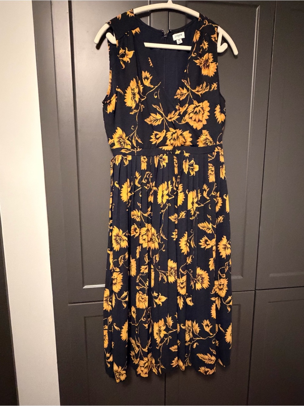 J. Crew Navy Midi Dress with Yellow Sunflower Print